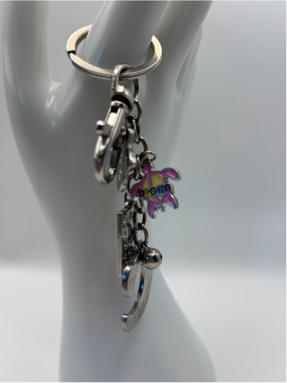 Hawaii Horseshoe Rainbow Plumeria Charm Souvenir Keychain Pink Glitter Metal - Picture 3 of 5